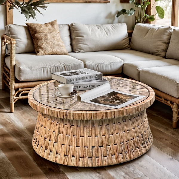 DRUM COFFEE TABLE WITH GLASS - Padma's Plantation