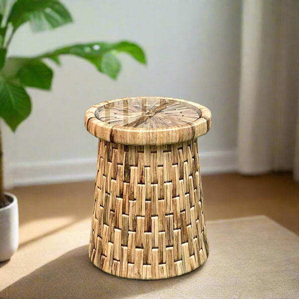 DRUM END TABLE WITH GLASS - Padma's Plantation