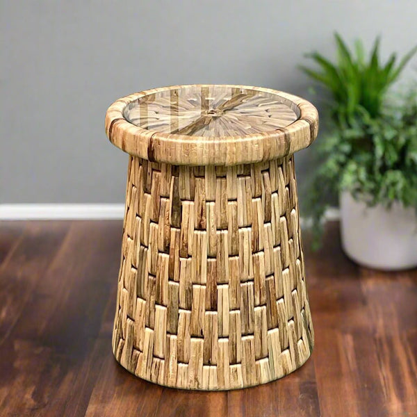 DRUM END TABLE WITH GLASS - Padma's Plantation